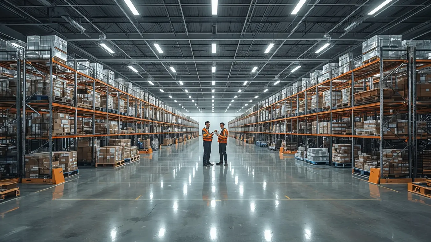A hyper-realistic image of a high-tech warehouse with AI-driven robots managing inventory and logistics, natural and artificial lighting, and one or two workers monitoring operations.