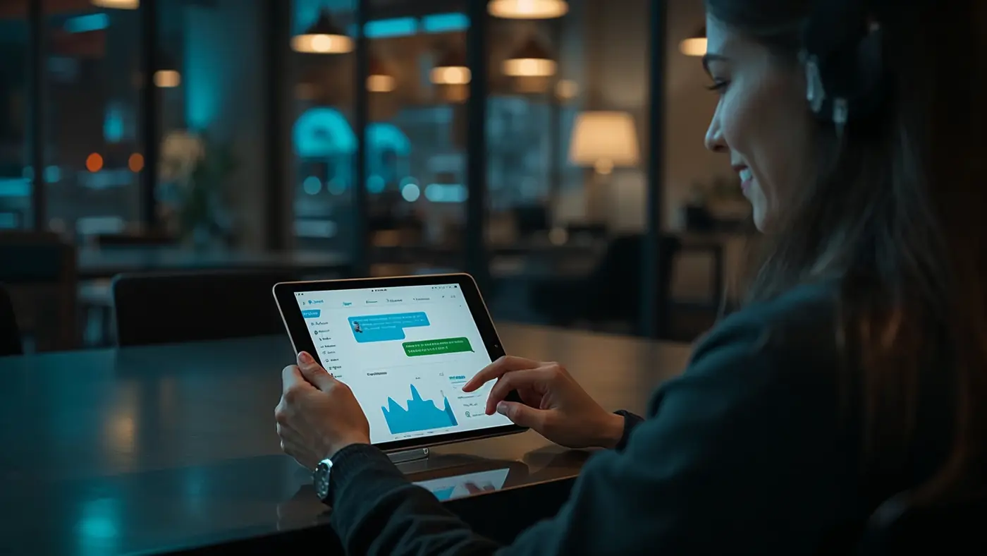 A hyper-realistic photo of a professional using a tablet to interact with an AI-powered customer support chat interface in a modern office setting.