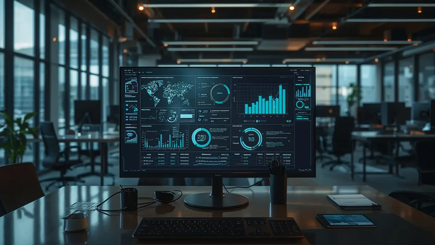 A hyper-realistic digital dashboard in a modern workspace showing advanced analytics and automation workflows.
