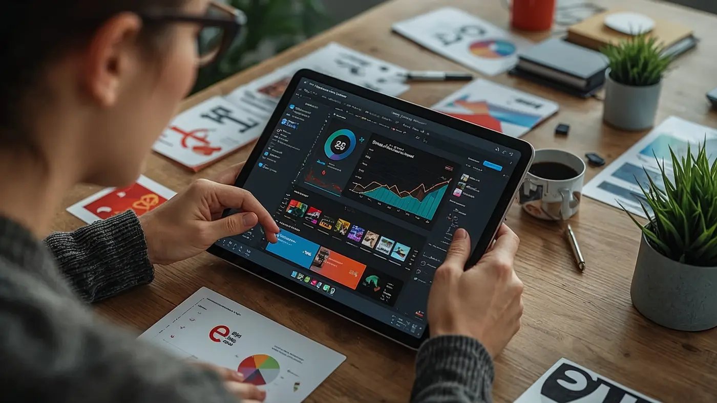 A hyper-realistic photo of a creative professional using AI-powered design tools on a tablet, surrounded by branding materials and design drafts in a naturally lit creative studio.