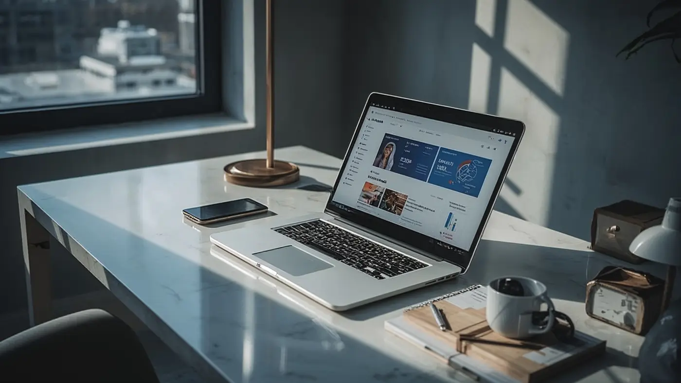 A hyper-realistic photo of an elegant, sunlit workspace displaying a laptop with an AI-powered coaching dashboard, a smartphone, and a notepad—no people, just technology and refined focus.