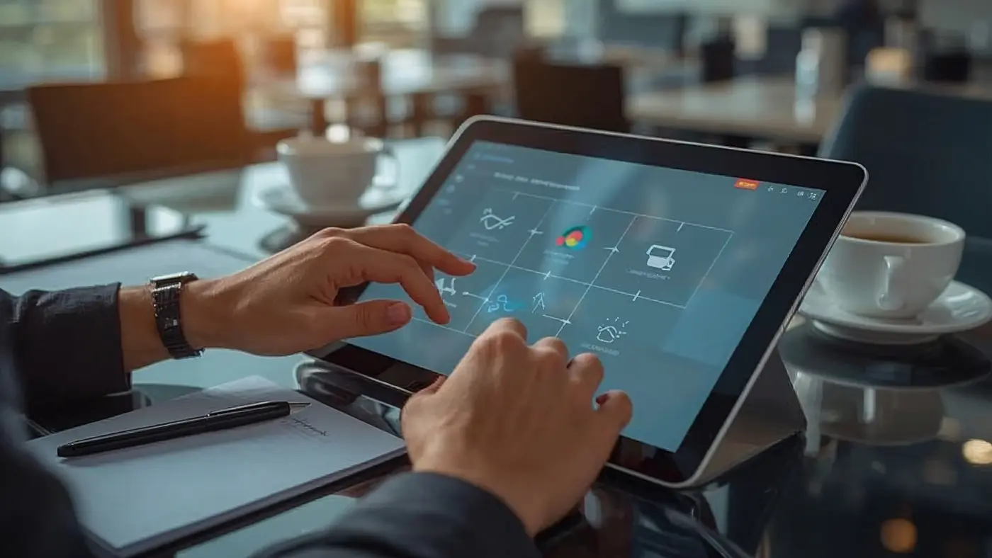 Hands interacting with tablet building AI workflow on low-code platform