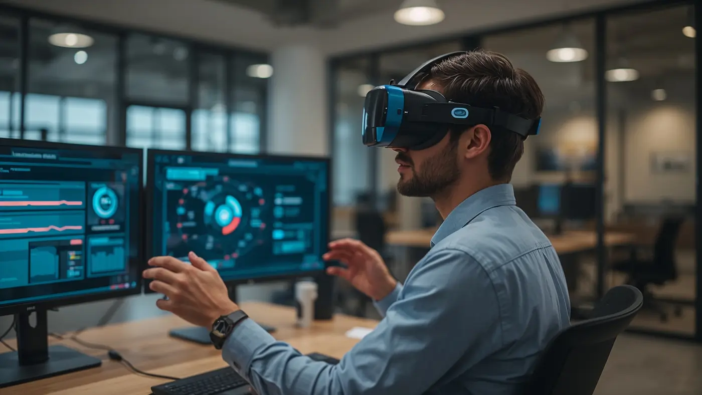 Franchise owner using AI-powered VR training platform in a modern office environment