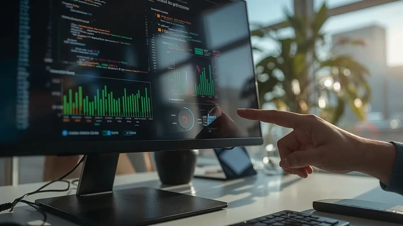 A close-up of a computer monitor on a minimalist desk, displaying AI-powered CRM dashboard with lead scoring and funnel optimization charts, hand on mouse.