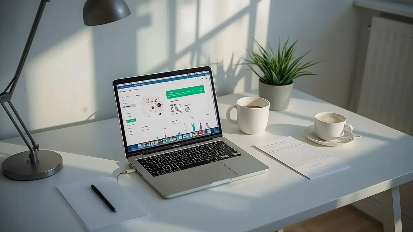 A hyper-realistic photograph of a modern desk with a laptop displaying an AI dashboard, coaching materials neatly arranged, and sunlight streaming in, creating a productive and inspiring workspace.