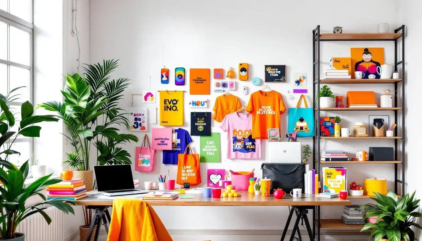 A collection of print-on-demand products displayed creatively.