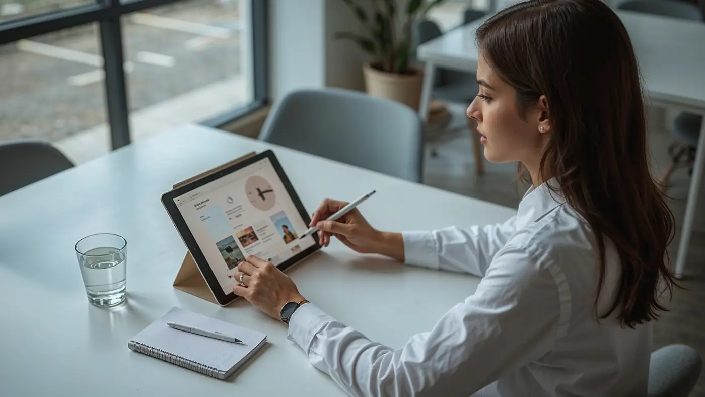 A realistic scene of a professional woman using a tablet with AI-generated branding visuals in a bright, modern co-working space, featuring real lighting and subtle work accessories.