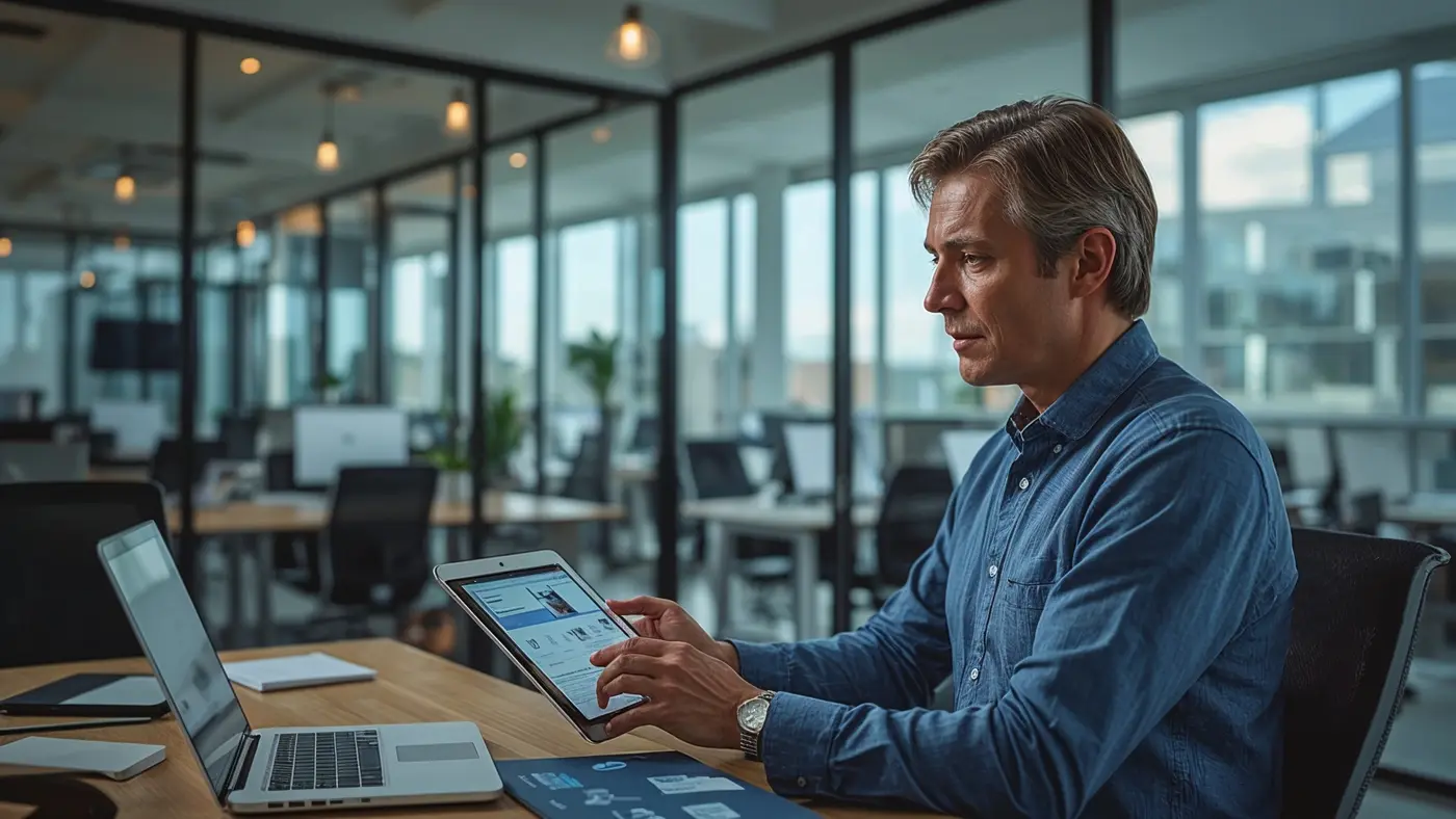 A hyper-realistic photo of a business professional in a modern office using AI tools for marketing content creation on a tablet and laptop.