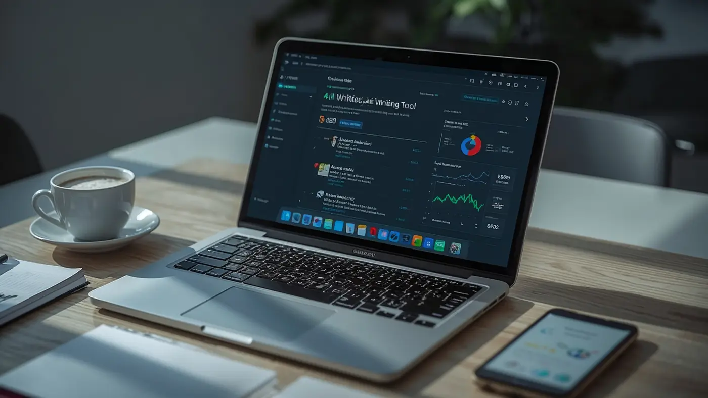 A hyper-realistic close-up photo of a laptop showing an advanced AI writing tool interface, with coffee, notes, and a smartphone displaying SEO analytics in a modern office setting.