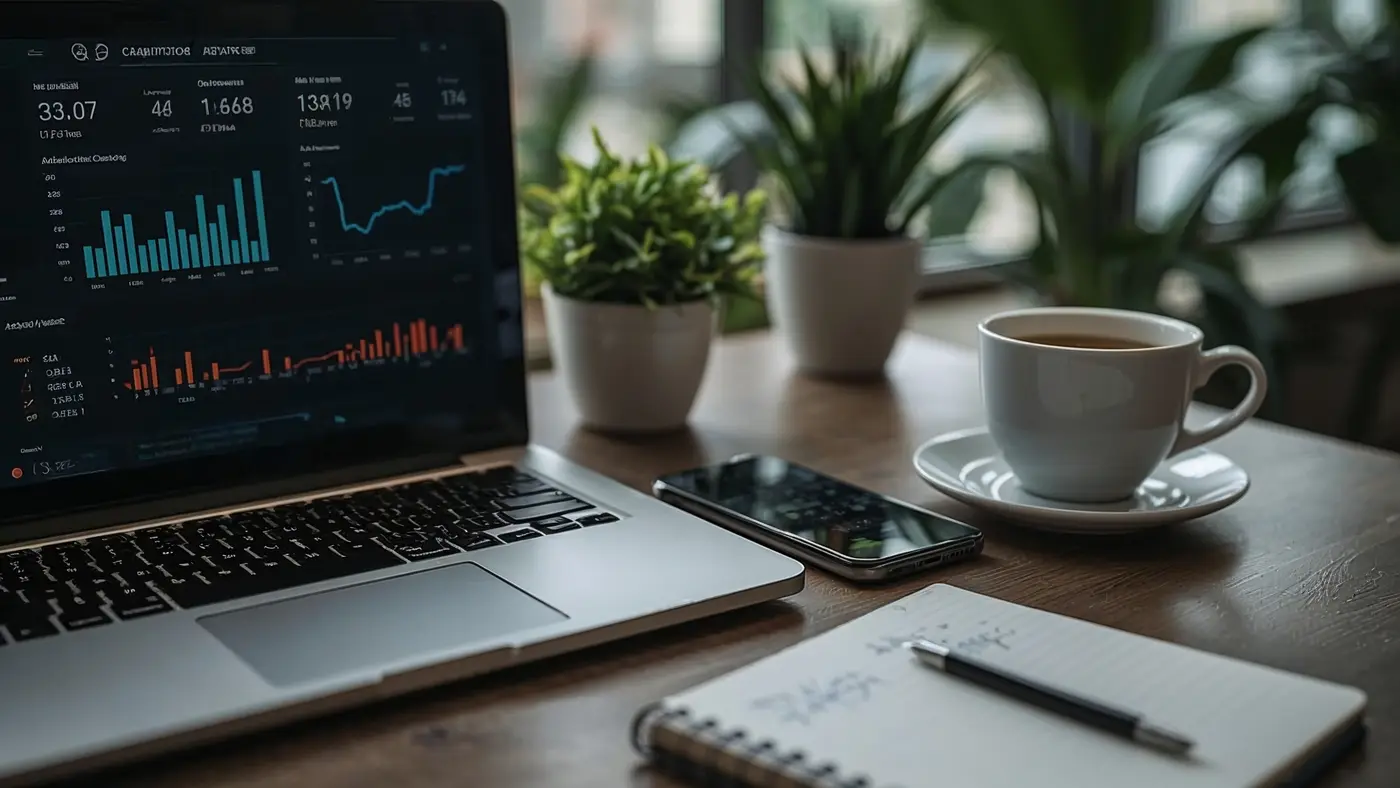Close-up of a sophisticated workspace with a laptop displaying analytics dashboards, a smartphone with CRM data, a notebook, coffee cup, and greenery, all in natural soft lighting