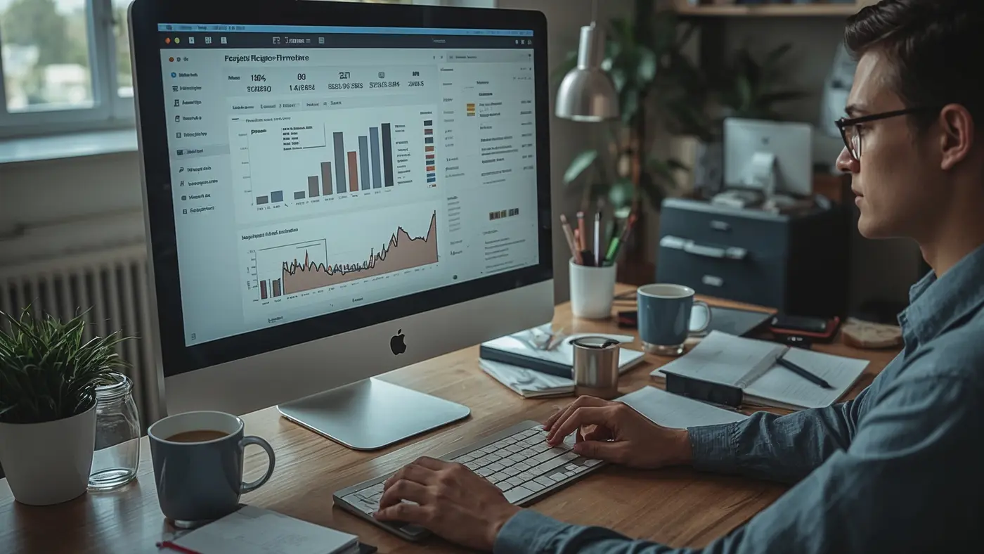 A hyper-realistic digital workspace showing a computer with AI-generated project timelines and reports, surrounded by everyday work items.