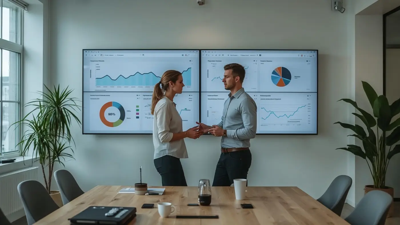Hyper-realistic photo of two professionals collaborating in a bright, modern office with large screens displaying analytics dashboards and automation software.