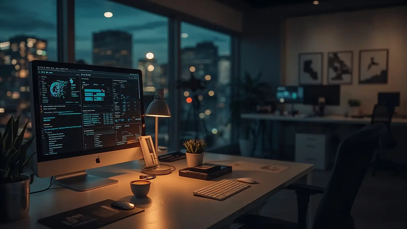 A hyper-realistic evening office scene with empty desks, glowing AI-powered automation dashboards on screens, and soft lighting suggesting ongoing automated productivity.