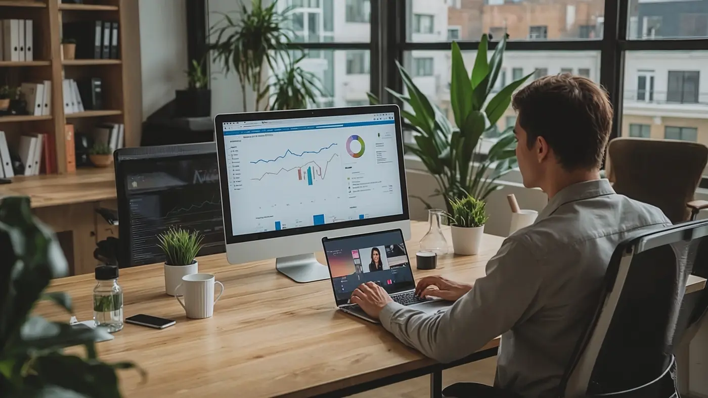 A solo entrepreneur at a modern desk collaborating virtually with a remote freelancer, with AI analytics and design work on screens, in a bright, real workspace.