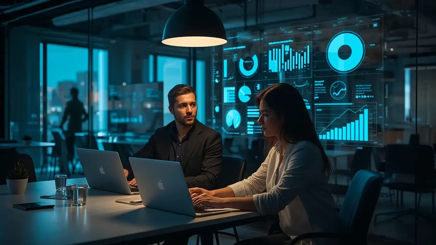 Two professionals collaborating with RegTech compliance solutions in a high-tech startup office, surrounded by documentation and digital dashboards.