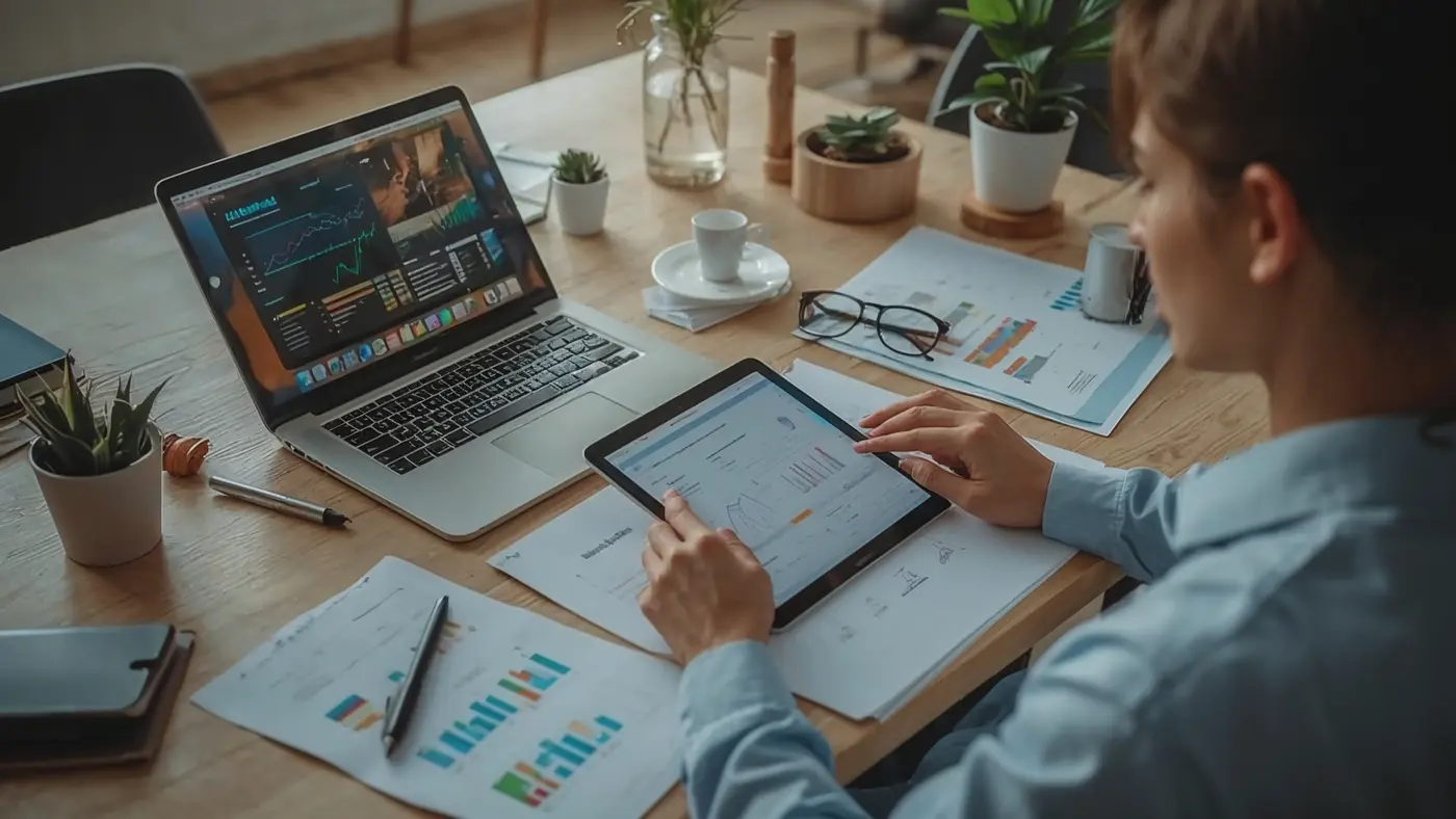 A solo entrepreneur conducting a workflow audit in a modern workspace, surrounded by documents, digital devices, and notes.