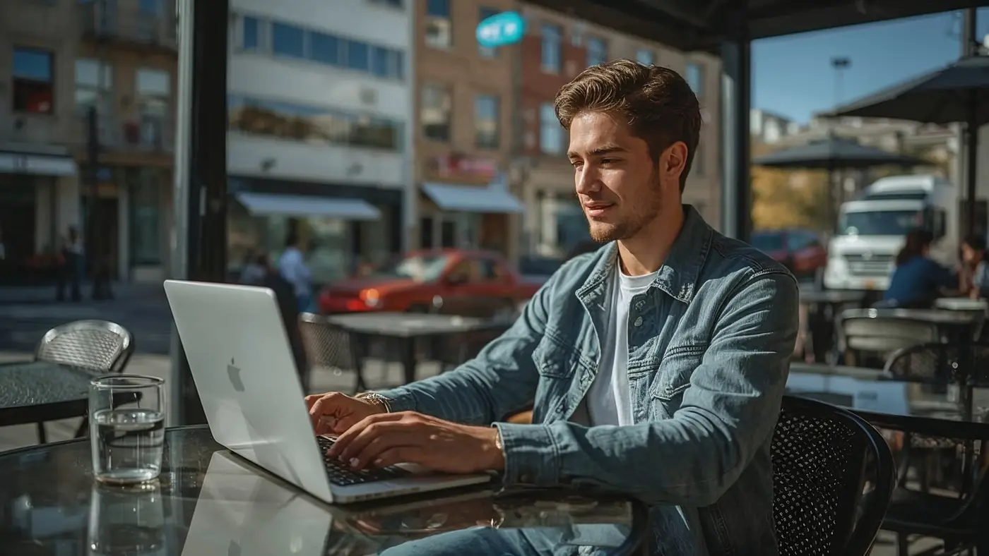 A hyper-realistic scene of a young entrepreneur having a virtual meeting at an outdoor urban café.