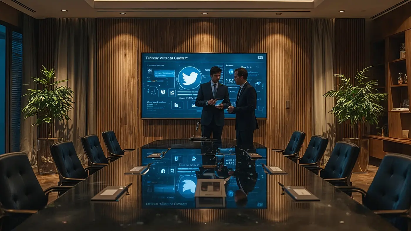 Two professionals in a high-end meeting room discussing Twitter AI tool strategies while pointing at a large wall screen displaying AI-generated Twitter content and engagement metrics
