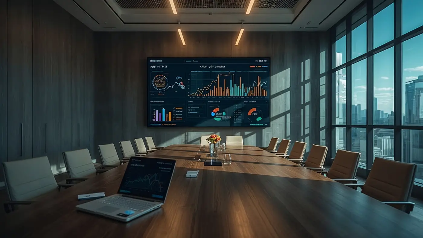 A modern business conference room with a digital screen displaying AI-driven CRM analytics and predictive dashboards, sunlight illuminating the high-tech workspace.