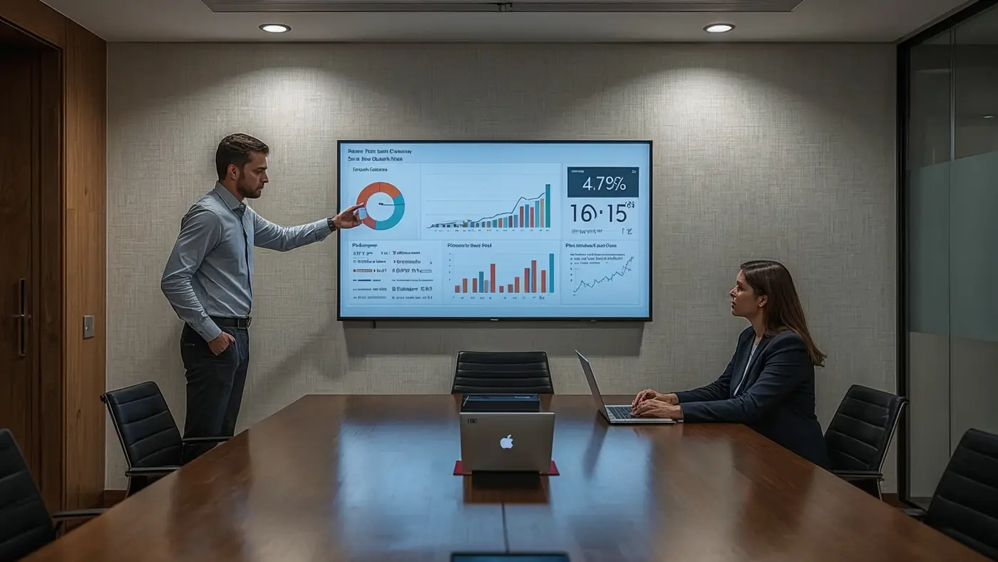 Business professionals analyzing AI-powered course analytics on a large screen in a modern meeting room
