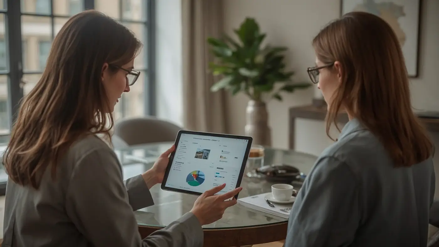 Luxury real estate agent using AI-driven property analytics with client in upscale office
