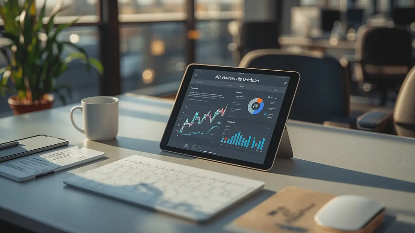 A modern office desk with a tablet displaying an AI-powered dashboard, surrounded by notes, coffee, and natural daylight reflecting from a window.