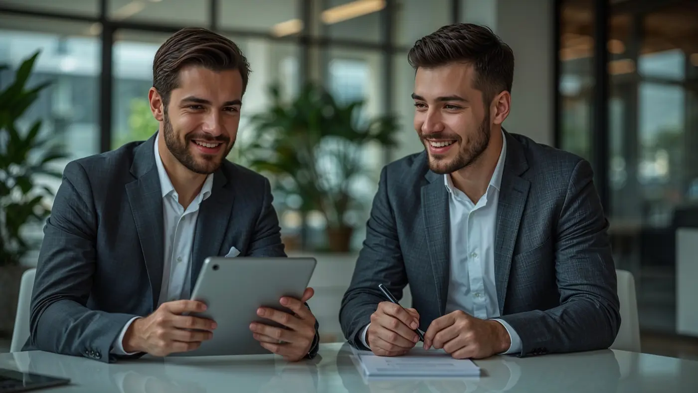 A hyper-realistic photo of two professionals in a modern office, one presenting AI-driven sales funnel graphics on a tablet while the other takes notes.