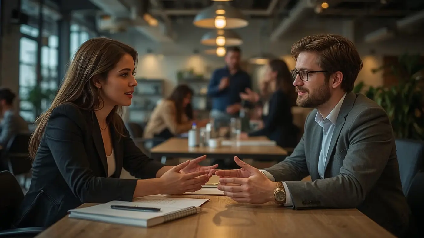 A hyper-realistic business community event in a stylish co-working space, with two professionals engaged in discussion, others networking, and a collaborative atmosphere.