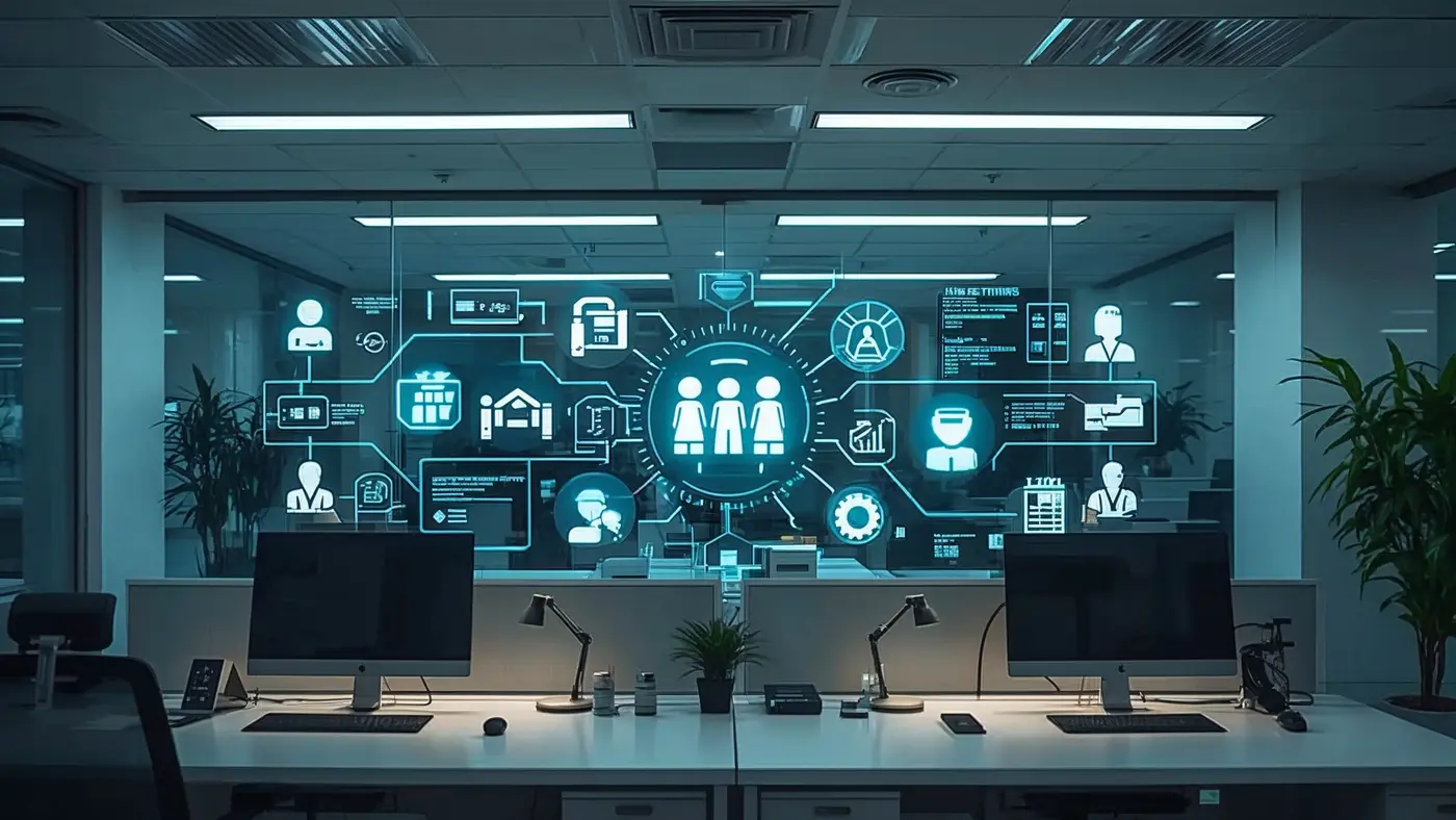 Automated office environment showing robotic process automation with digital interfaces and connected devices