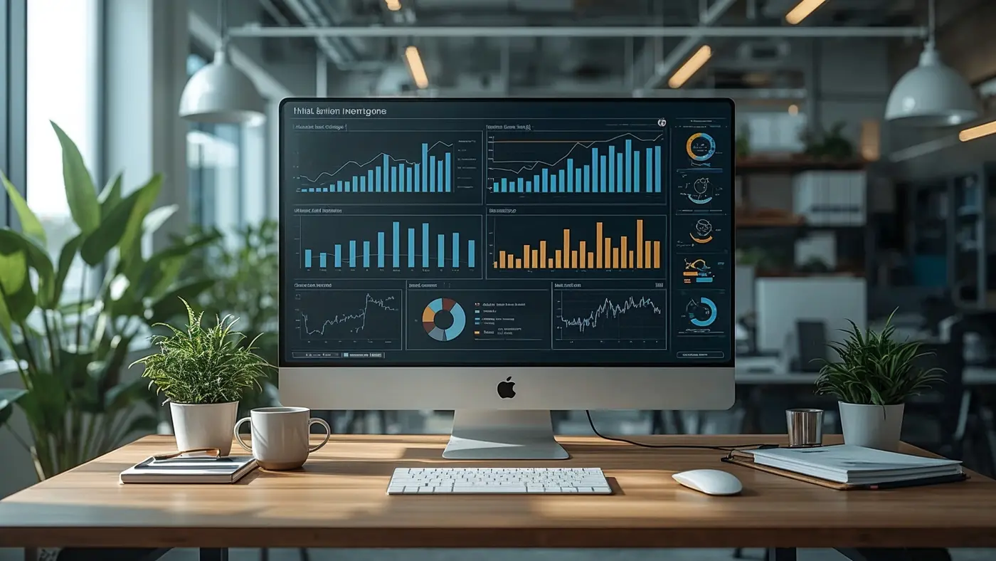 A modern workspace with digital displays showing LinkedIn analytics and AI workflow charts, emphasizing business intelligence integration.