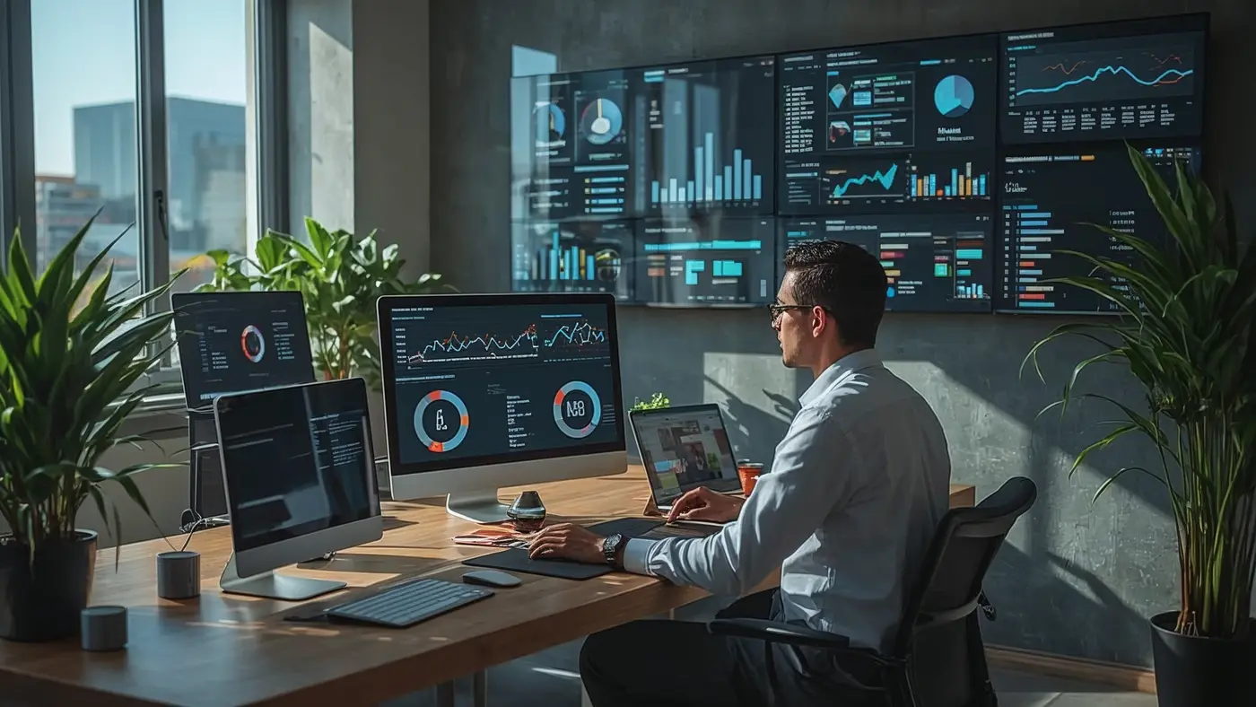 A hyper-realistic workspace where a solopreneur efficiently manages AI-driven tools and dashboards in a bright, modern setting