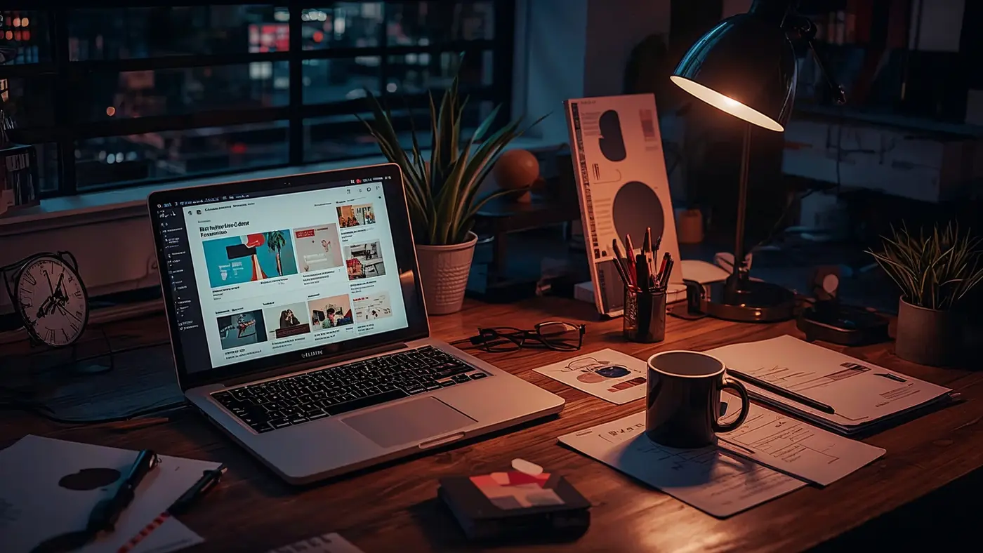 Creative workspace with a laptop displaying AI-powered content creation tools, surrounded by design sketches, color palettes, and a coffee mug in a modern office.