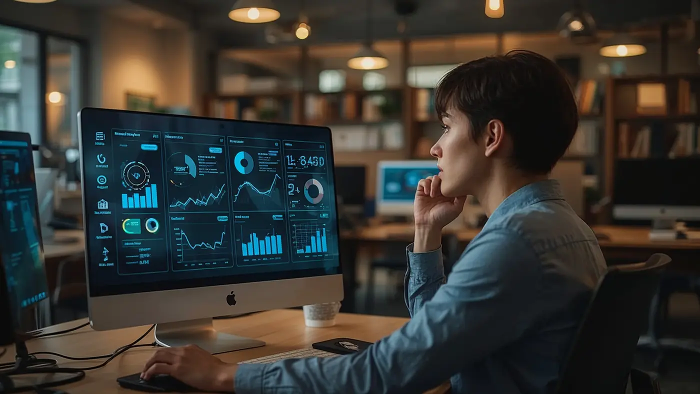 An educator analyzing AI-generated analytics data on a digital dashboard in a modern, well-lit office.
