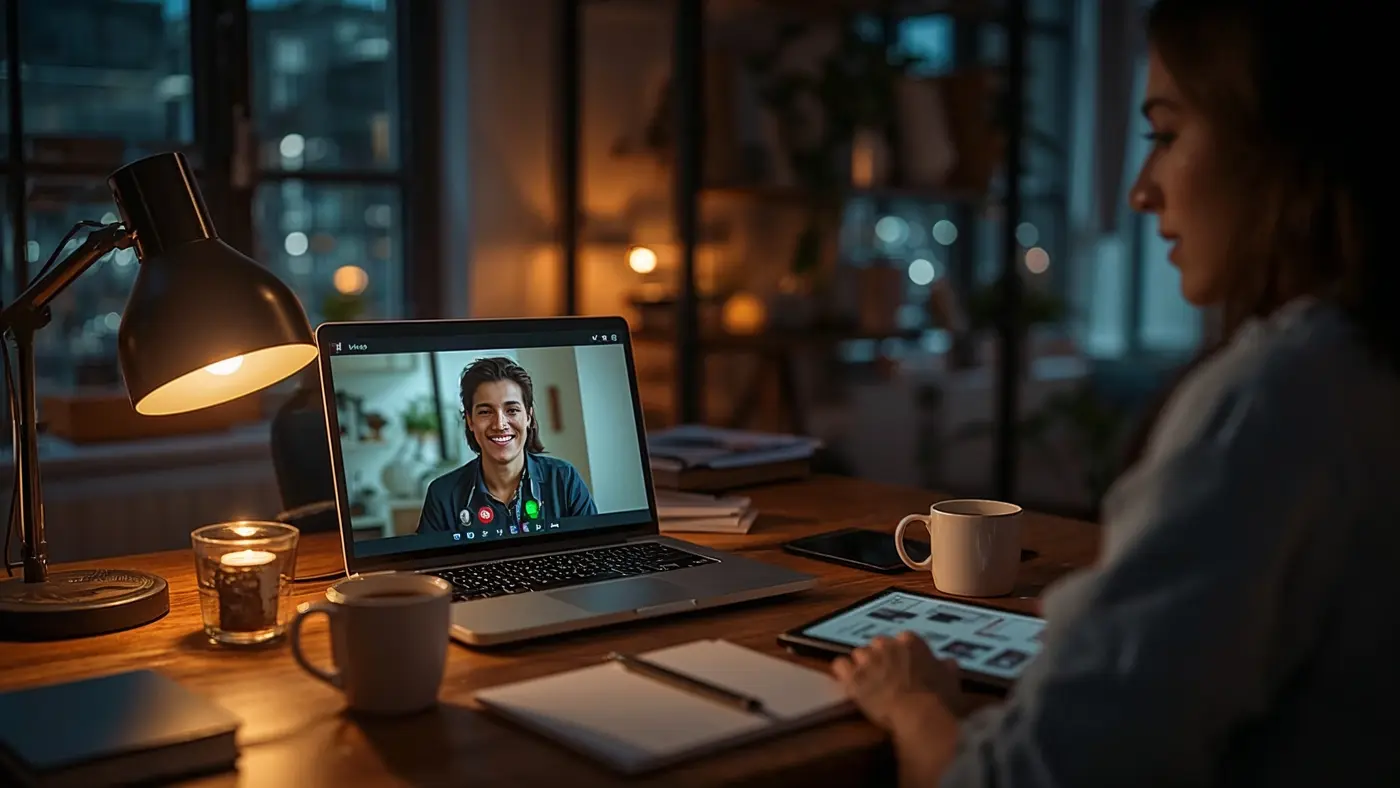 Two agency professionals on a video call discussing AI prompt sales strategies, shown on a laptop in a warmly lit modern workspace.
