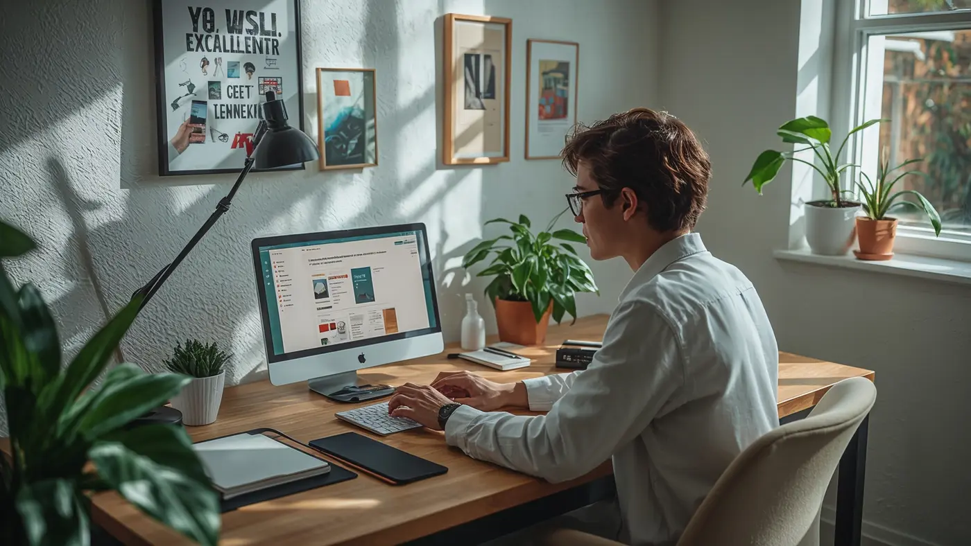 A marketing strategist at a modern desk using a tablet and laptop to automate social media workflows in a bright, professional workspace