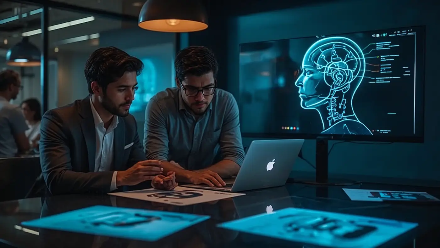 Two eCommerce entrepreneurs in a stylish meeting area, discussing over printed product mockups and a laptop displaying AI-generated product photos, bathed in real office lighting.