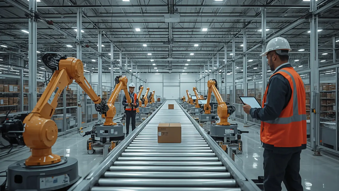 A hyper-realistic image of an automated e-commerce fulfillment center with advanced robots moving packages and two workers monitoring operations on digital tablets, under realistic industrial lighting.