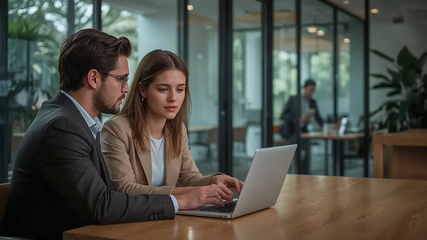 A hyper-realistic photo of a professional coach and client in an upscale office, reviewing email automation results on a laptop during a strategy session.