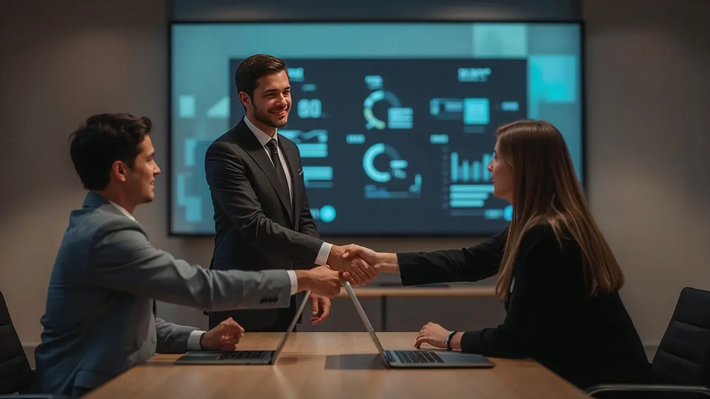 A hyper-realistic business meeting with two professionals in formal attire shaking hands, with subtle AI data visualizations in the background, under natural indoor lighting.