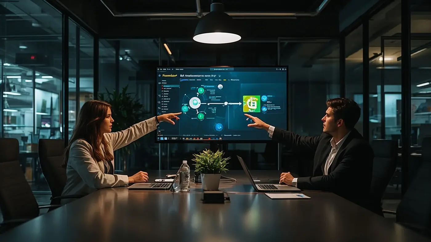 Two startup team members in a modern meeting room actively discussing AI automation tools with digital workflow diagrams on screens, captured with real-world lighting.