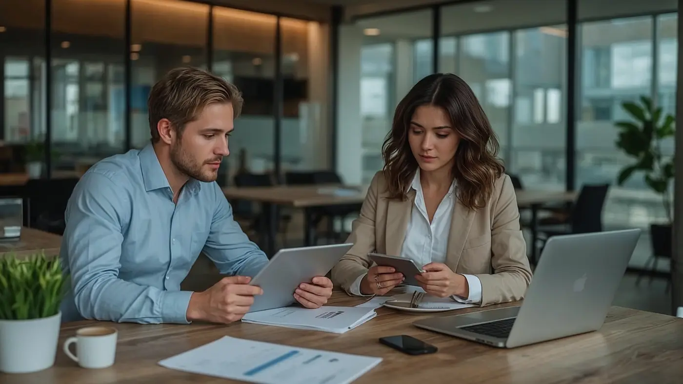 A hyper-realistic photo of a business coach and client meeting in a modern office, discussing scaling strategies with digital devices on the table.