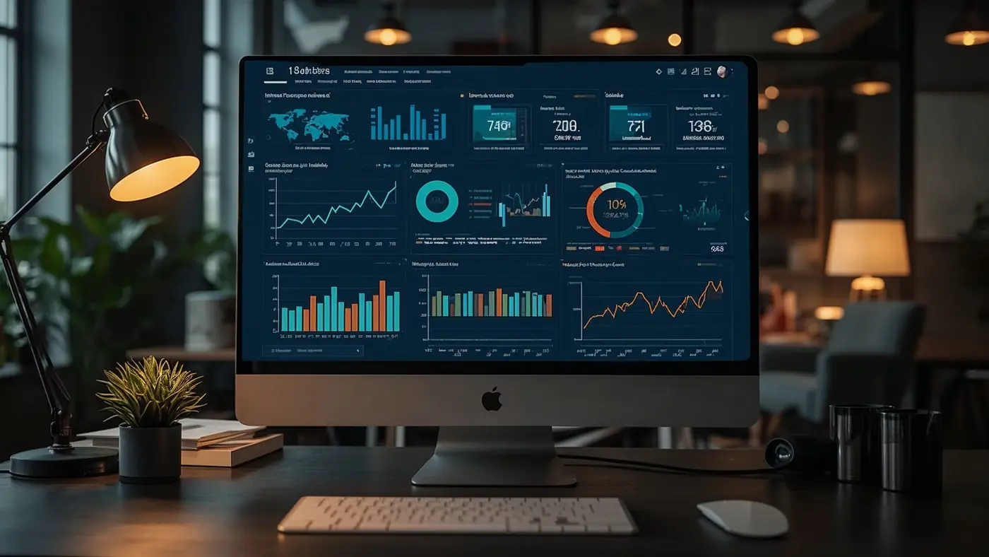 A hyper-realistic dashboard on a computer monitor displaying AI-generated business metrics, reports, and automation charts in a modern workspace.