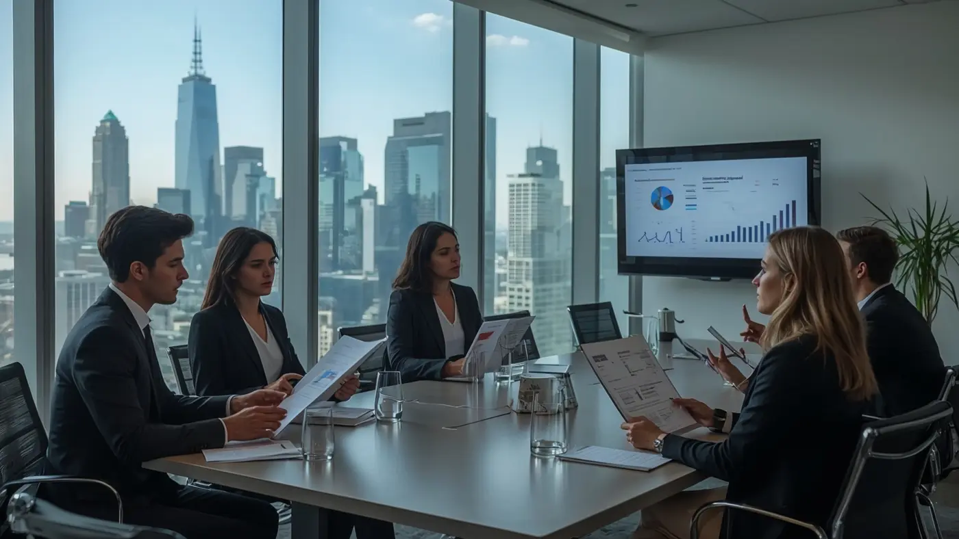 Two business professionals reviewing AI-driven marketing reports and dashboards in a sunlit conference room