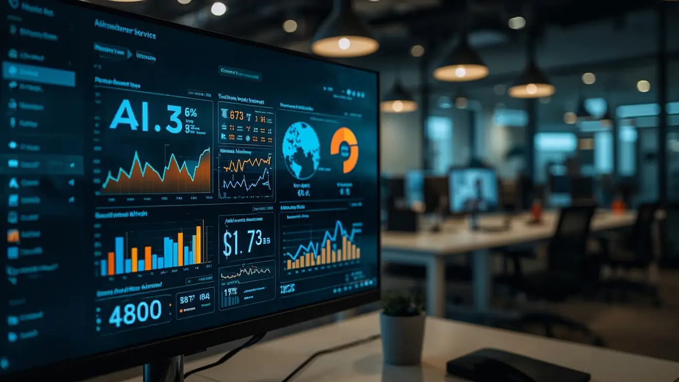 Close-up of an AI-powered customer service dashboard in a sleek, professional office setting.