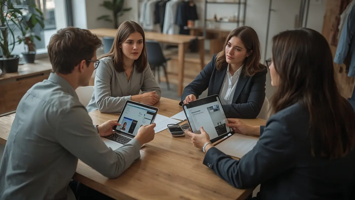 A hyper-realistic image of two professionals discussing AI chatbot solutions in a modern small business setting, using a laptop and tablet with chatbot interfaces on screen.