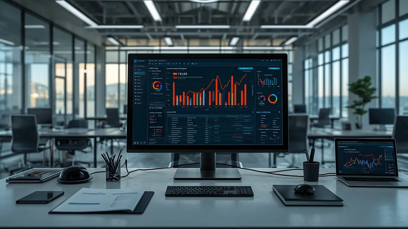 A hyper-realistic photo of a modern office workspace featuring a large screen with AI-powered business dashboards, surrounded by business documents and devices, with natural daylight.