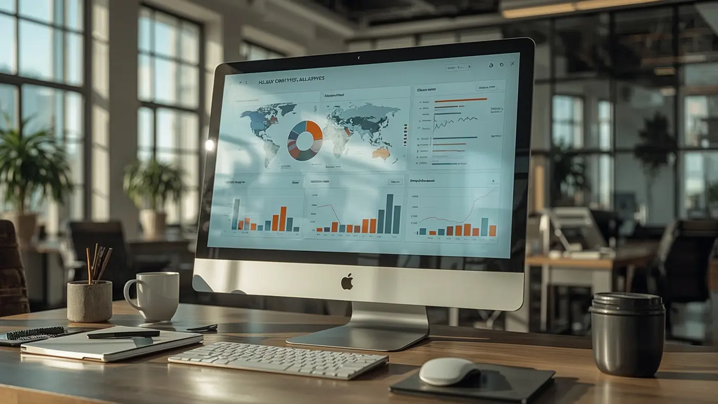 A hyper-realistic image of a sleek computer screen in a contemporary office, displaying a dashboard with real-time social sentiment and trend forecasting charts.