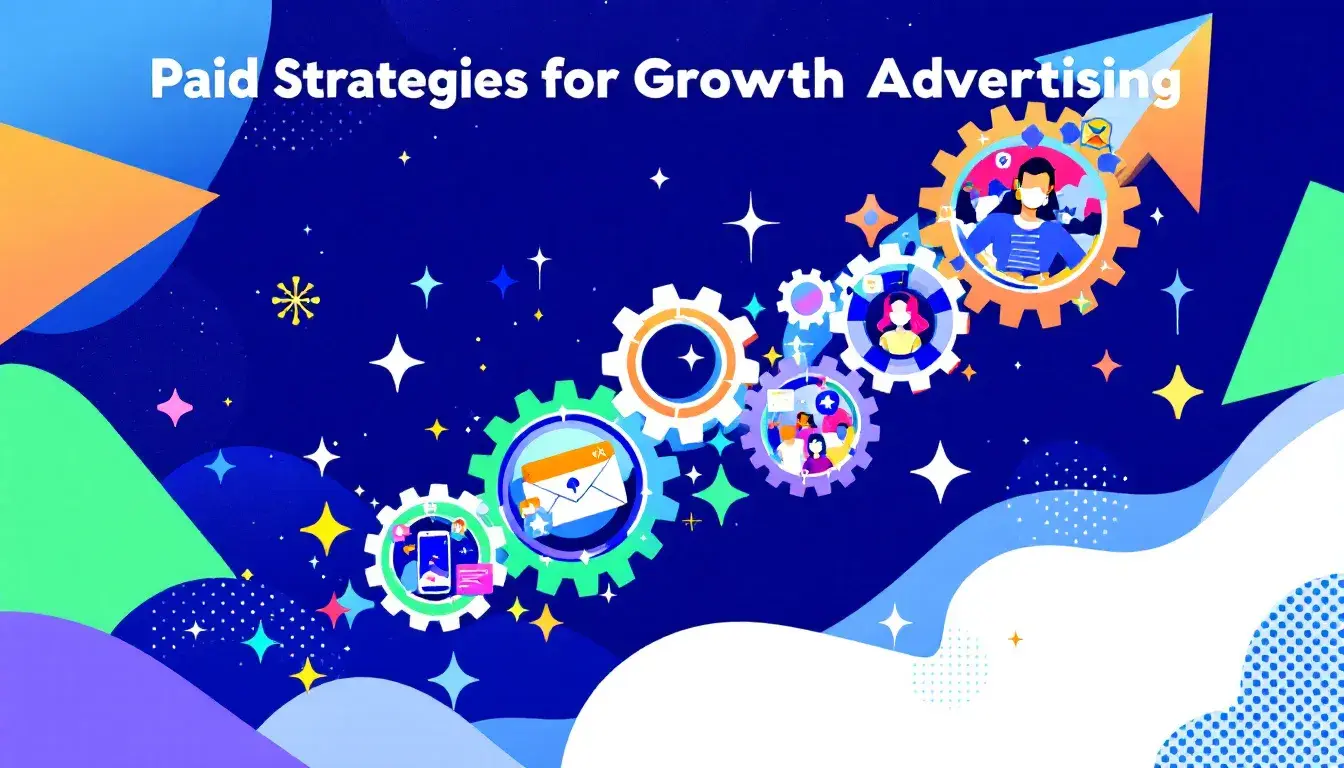 A diagram illustrating various paid strategies for growth advertising, including social media ads and influencer collaborations.