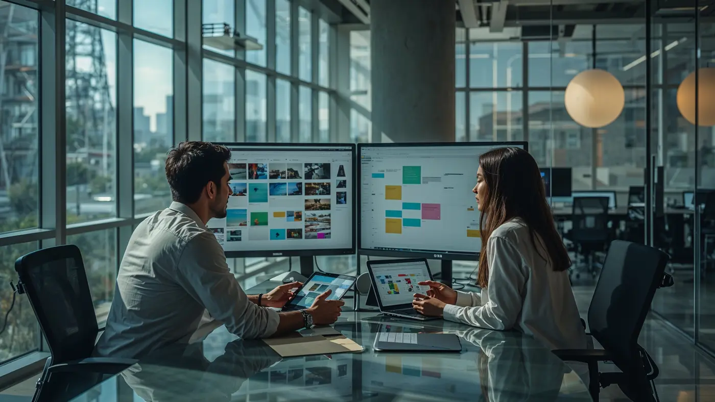 A diverse creative team collaborating in a modern workspace, discussing digital content calendars and workflow charts with natural daylight and realistic lighting.