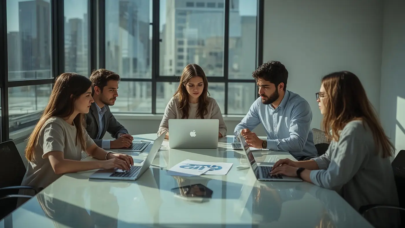 Small business team collaborating at a contemporary meeting table, reviewing AI course outlines and analytics charts in natural sunlight.